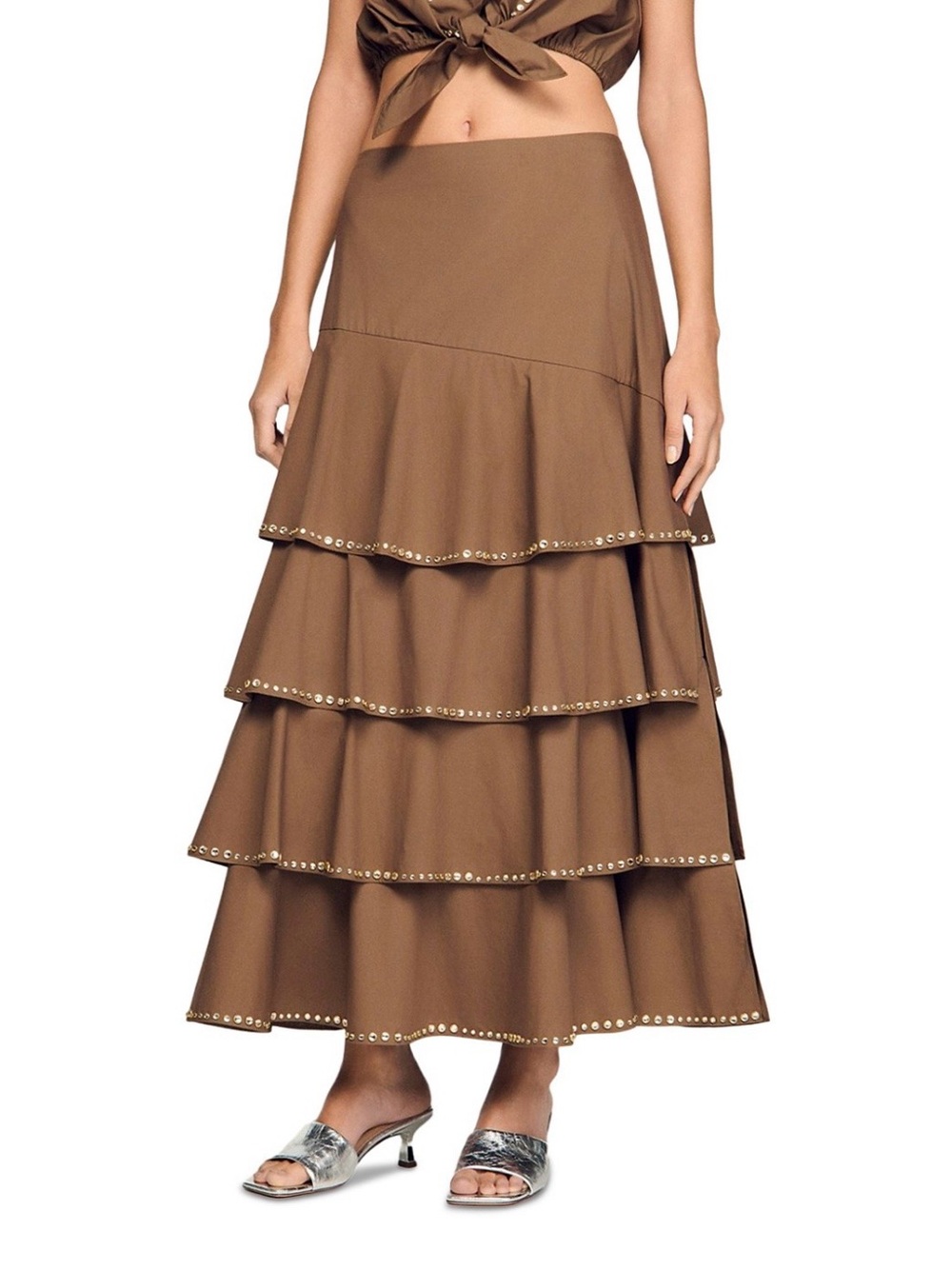 Sandro Brown Tiered Midi Skirt with Studded Hem